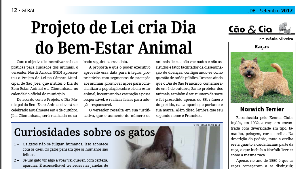 Bem estar Animal no Jornal de Barreiros Nardi Arruda